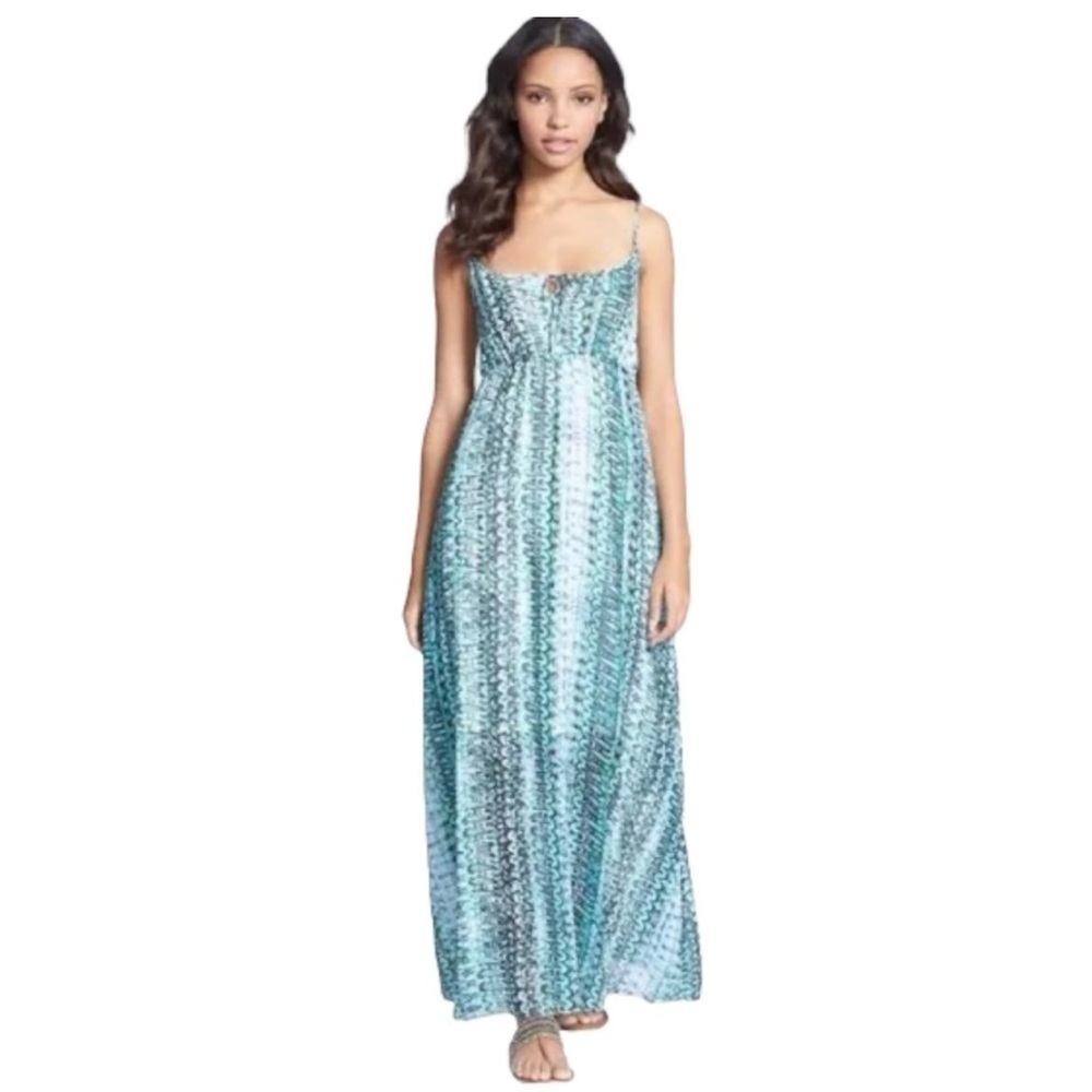 Two by Vince Camuto Folk Geo Maxi dress aqua‎ blue hues spaghetti straps Sz PM